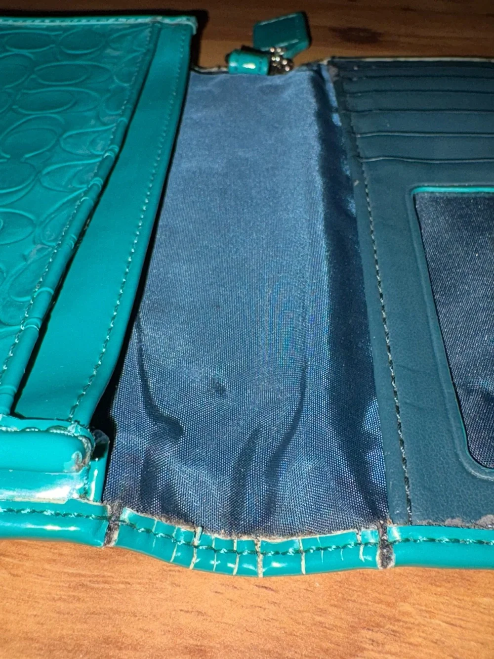 Coach Teal Patent Signature Continetal Wallet with Heart Snap